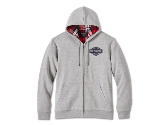 Bar & Shield Plaid Lined Zip-Up Hoodie Grey
