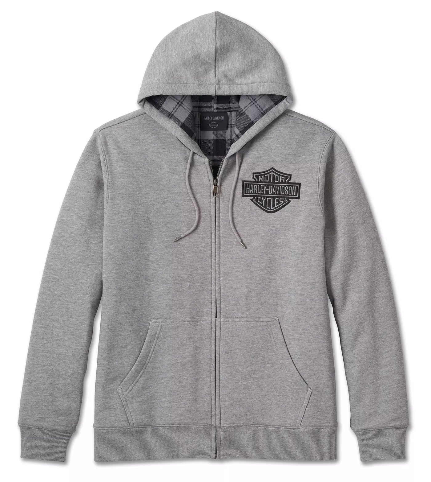 Harley-Davidson Zip Hoodie Bar & Shield Plaid Lined Grey Heather