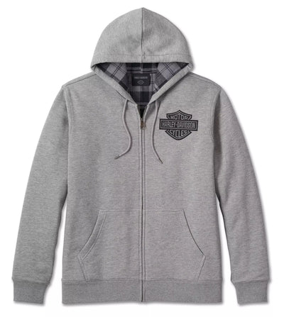 Harley-Davidson Zip Hoodie Bar & Shield Plaid Lined Grey Heather