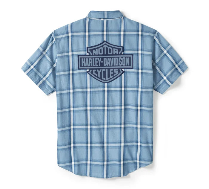 Bar & Shield Staple Short Sleeve Shirt - Plaid - Faded Denim & Cloud Dancer