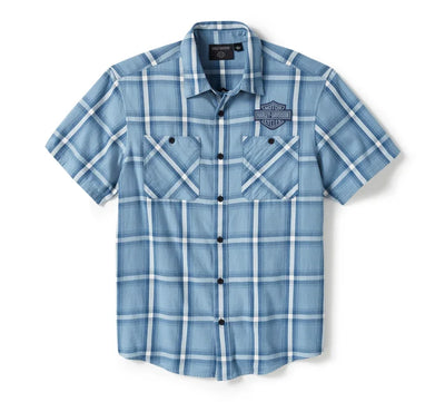 Bar & Shield Staple Short Sleeve Shirt - Plaid - Faded Denim & Cloud Dancer