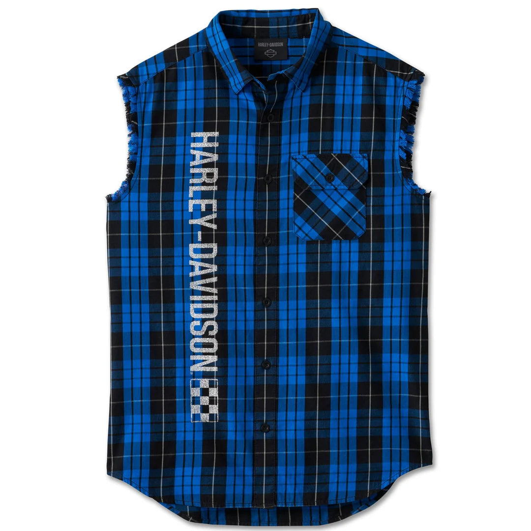Harley-Davidson Men's The Bagger Blowout Button-Up Muscle Shirt, Blue/Black Plaid