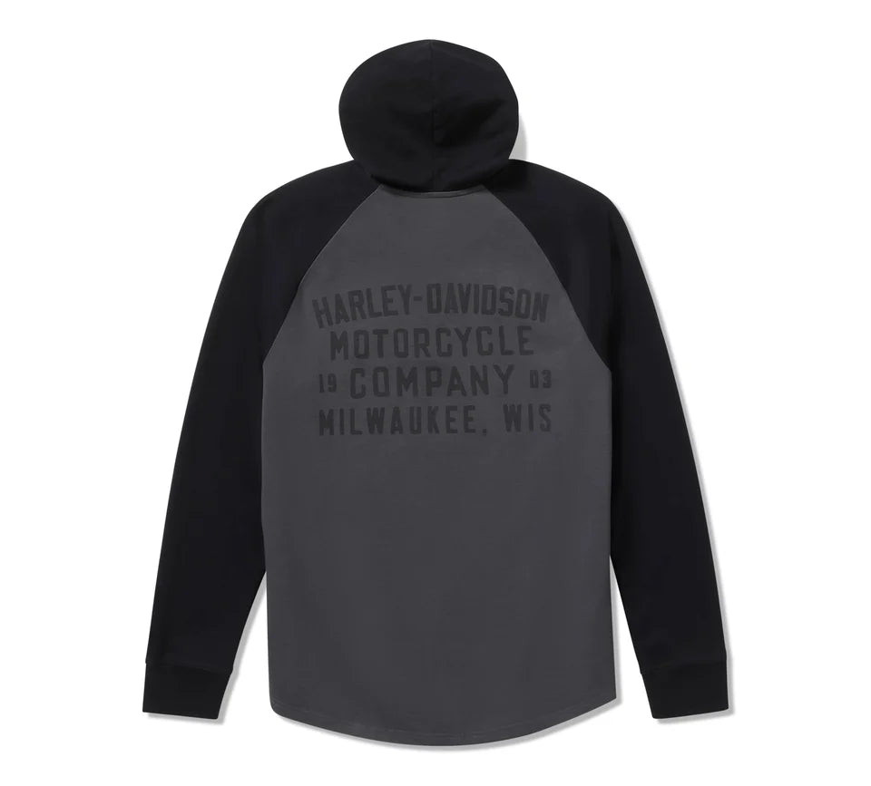 Men's HDMC Raglan Henley with Hood - Colorblock - Asphalt & Harley Black