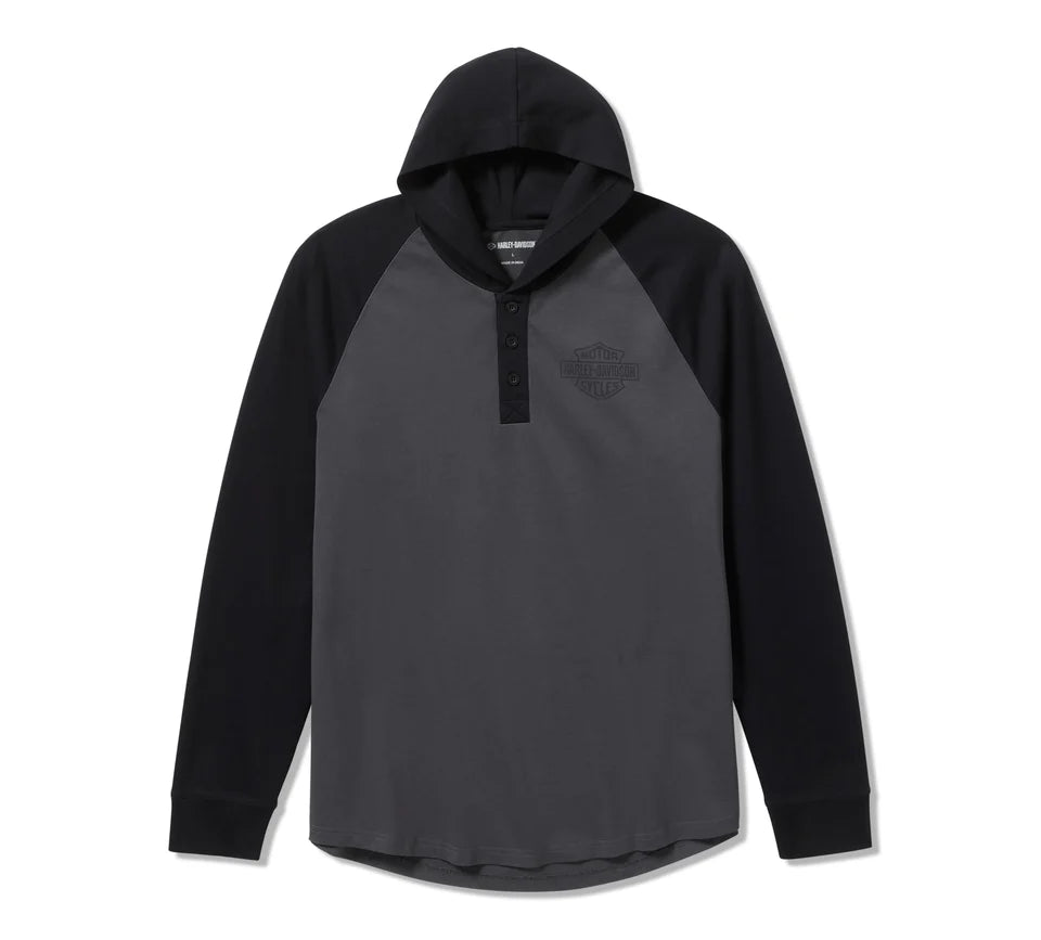 Men's HDMC Raglan Henley with Hood - Colorblock - Asphalt & Harley Black