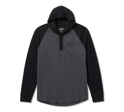 Men's HDMC Raglan Henley with Hood - Colorblock - Asphalt & Harley Black