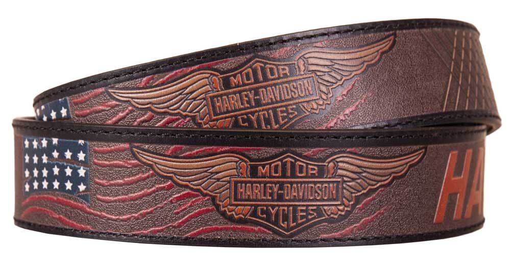 HDMBT11709 - Men's Free Rein American Flag Brown Leather Belt- Antique Nickel